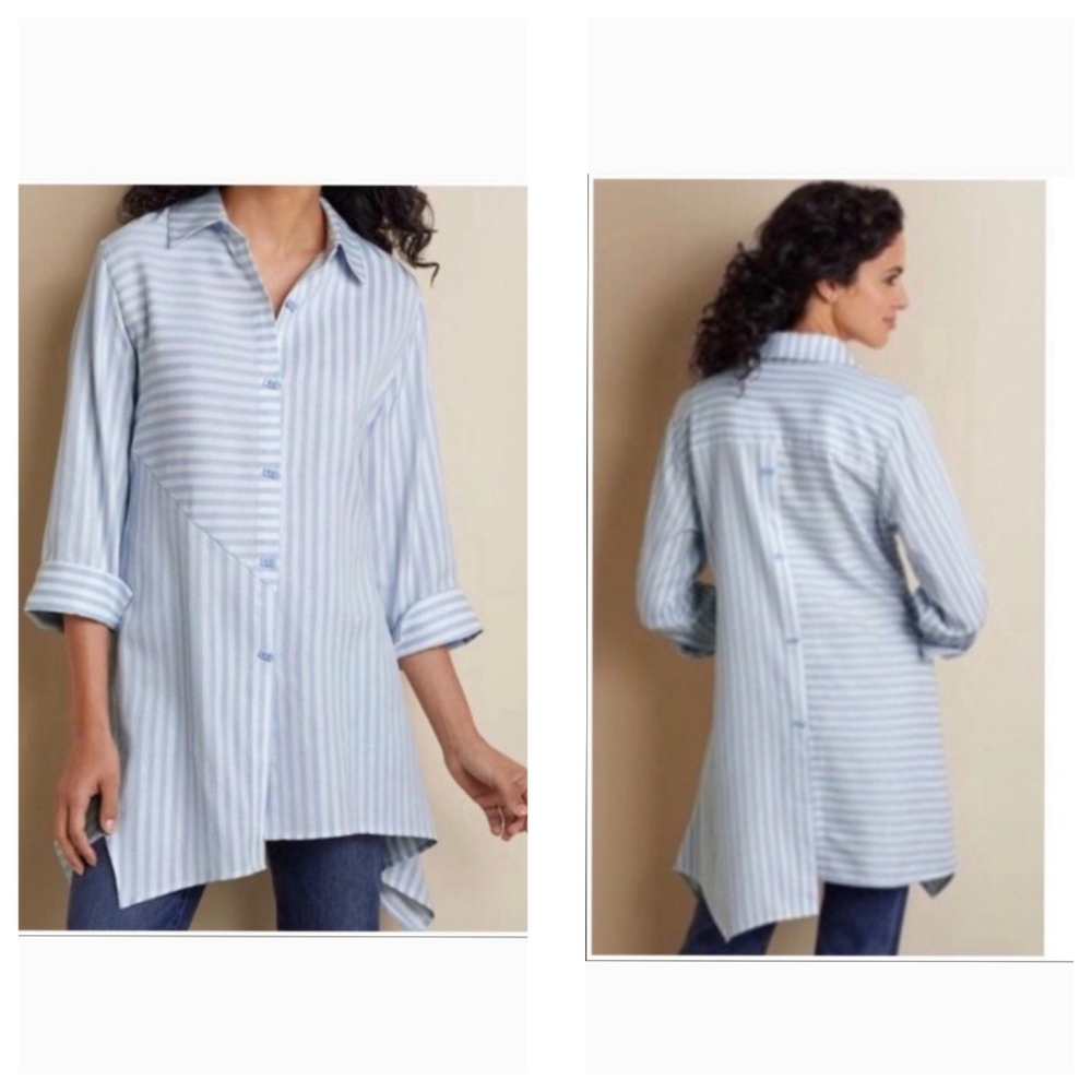 Soft Surroundings Standout Tunic Shirt Blue White Striped Asymmetrical Size M.